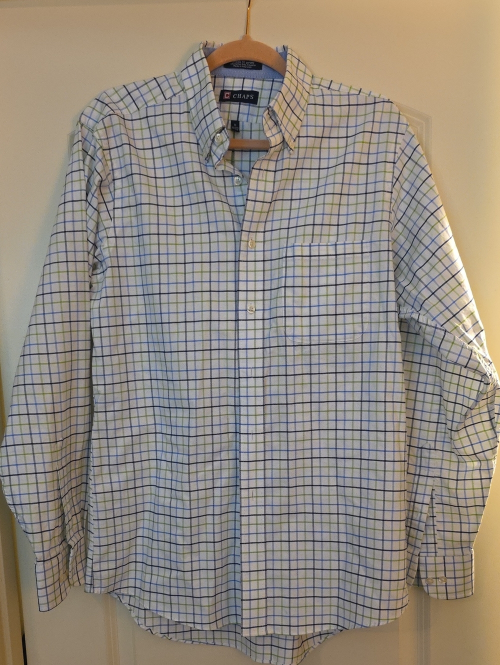Chaps White Button-Down Shirt with Blue & Green Check